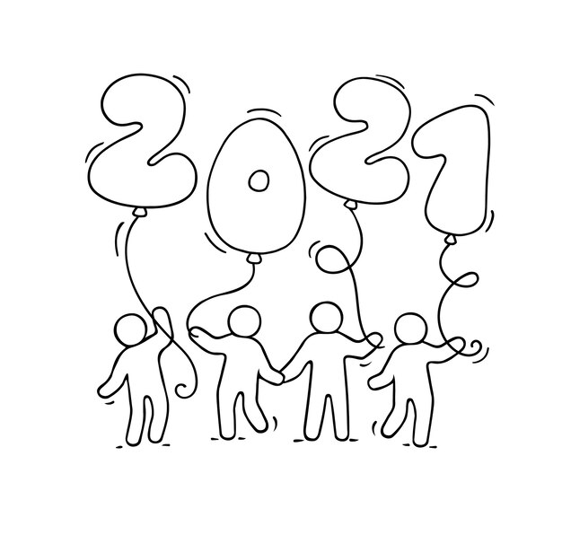 21年明けましておめでとうございますグリーティングカード 風船を持っている小さな人々と漫画落書きイラスト お祝いの手描きのベクトルイラスト プレミアムベクター