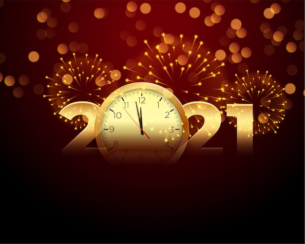 2021 happy new year with clock and firework background