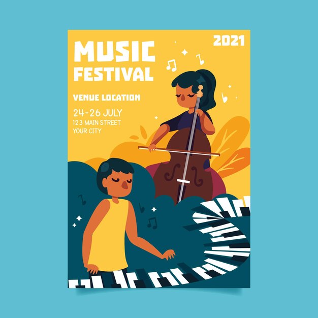 2021 иллюстрированный плакат музыкального фестиваля с людьми, играющими на инструментах