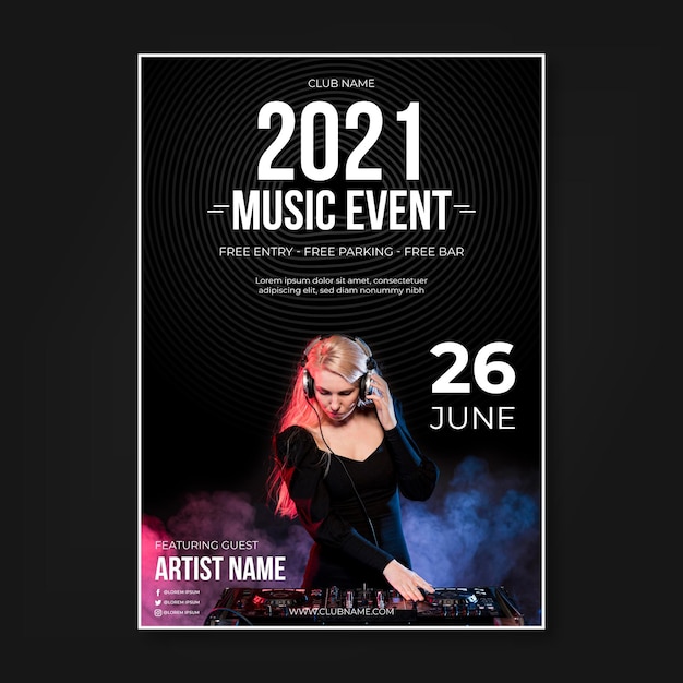 Free vector 2021 music event poster with photo