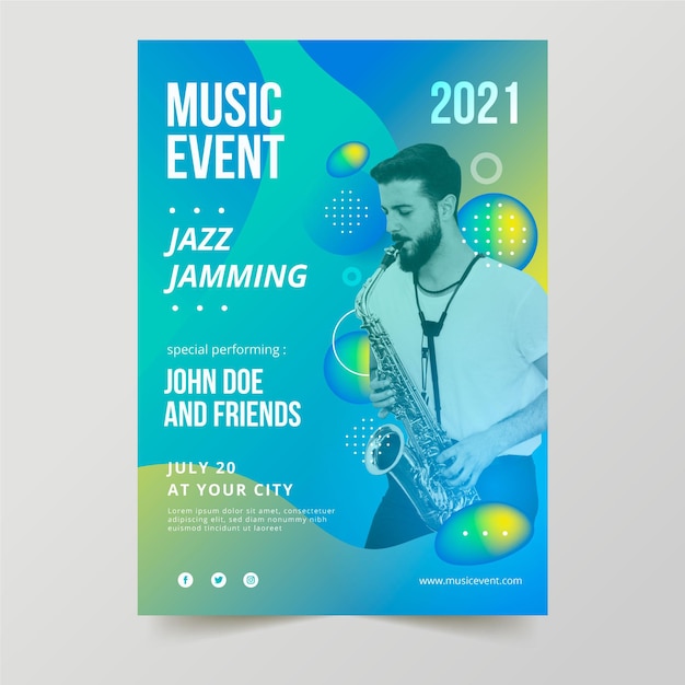 Free vector 2021 music event poster with photo