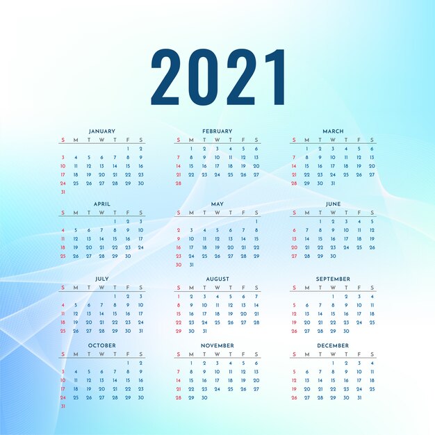 2021 새해 달력 파란색 물결 모양 디자인
