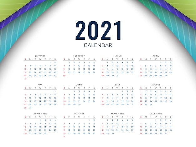 2021 anno nuovo calendario colorato modello di progettazione