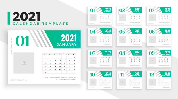 2021 new year calendar design in green turquoise color