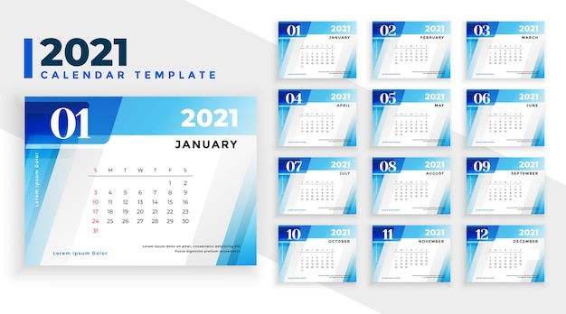 2021 new year calendar template in blue geometric shapes style