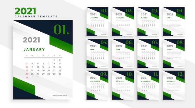 Design del calendario verde del nuovo anno 2021 in stile business