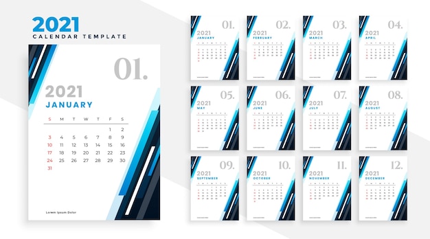 Free vector 2021 professional business calendar blue design template