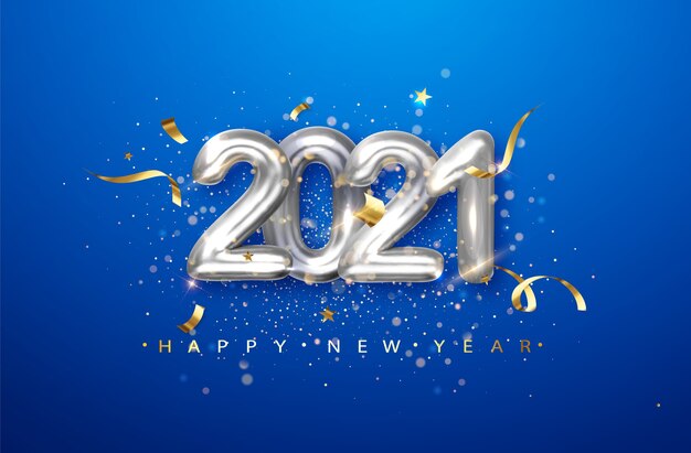 青い背景に2021年のシルバーメタルの数字。日付2021年の休日のイラスト