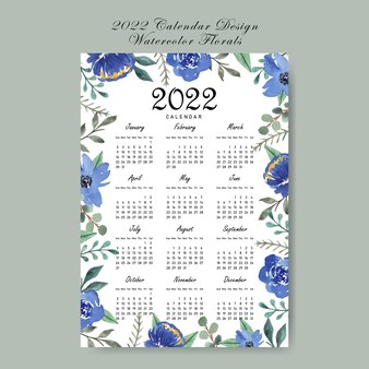 Шаблон дизайна календаря 2022 года с акварельными цветами