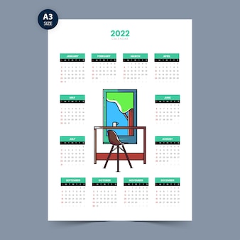 2022 calendar design with workspace illustration