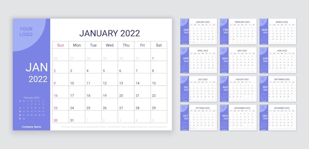 2022 calendar. planner layout. table grid of calender. vector illustration.