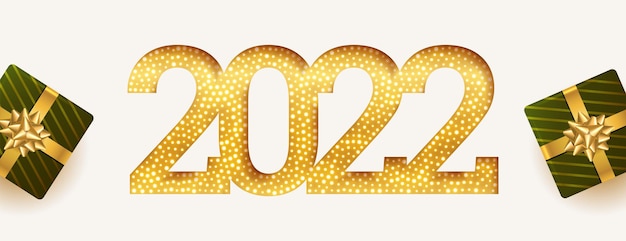 Free vector 2022 glittering golden number text effect with realistic gift boxes