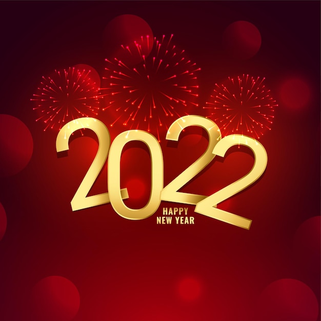 Free vector 2022 golden text effect new year greeting with red bokeh background and firework