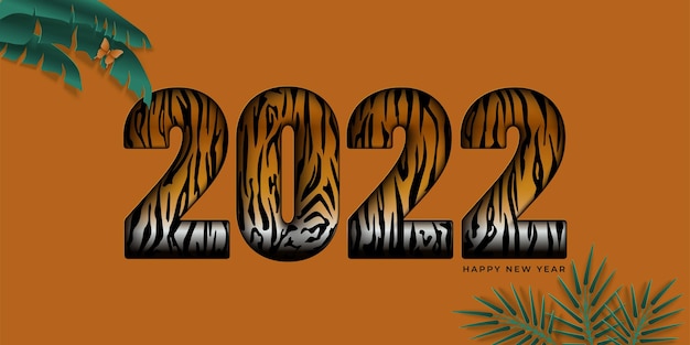 2022 happy new year background paper cut 2022 numerals  with tiger spots on a light backdrop