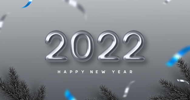 2022 happy new year banner. hand writing 3d metallic numbers 2022 with pine branches. monochrome background with blue contrast. vector illustration.