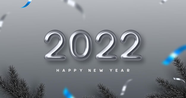 2022 Happy New Year banner. Hand writing 3d metallic numbers 2022 with pine branches. Monochrome background with blue contrast. Vector illustration.