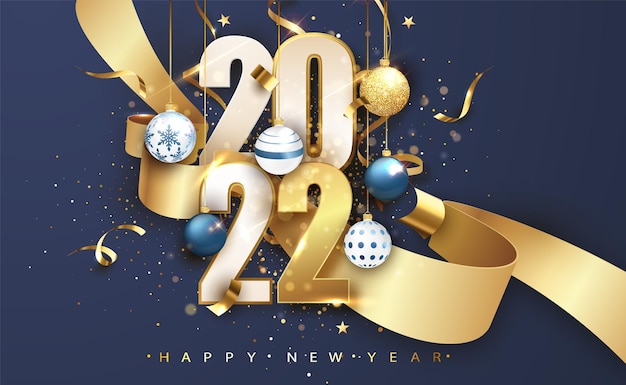 2022年明けましておめでとうございます。ギフトの弓とキラキラと青いお祭りの背景。グリーティングカード、カレンダーの新年あけましておめでとうございますバナー。