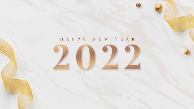 2022 happy new year card gold ribbons wallpaper on white marble design vector