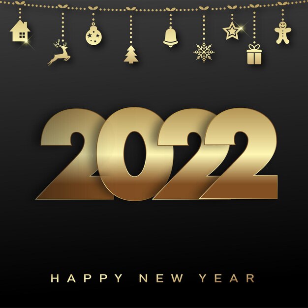 2022 happy new year card with hanging gold xmas ornaments. vector.