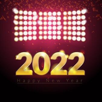 2022 happy new year golden numbers glitter and stars and multiple lights on dark background