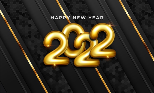 2022 happy new year greeting card in gold and black color