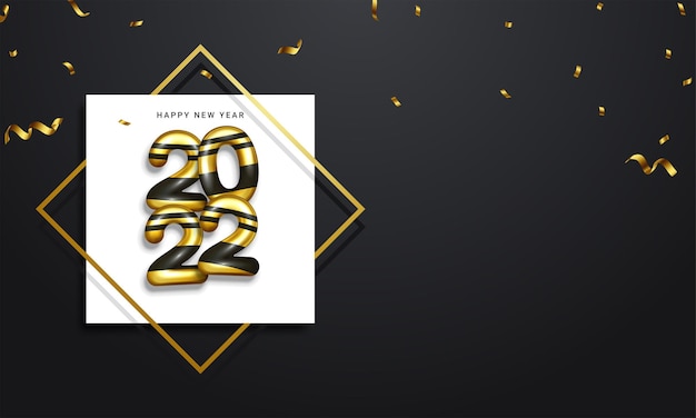 2022 Happy New Year greeting card in gold and black color