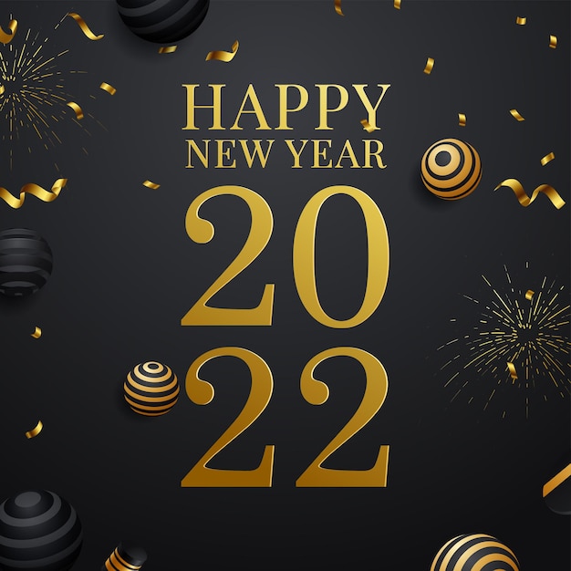 2022 happy new year greeting card in gold and black color