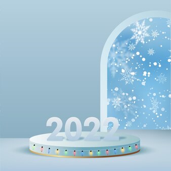 2022 happy new year illustration with blue numbers on the podium. vector.