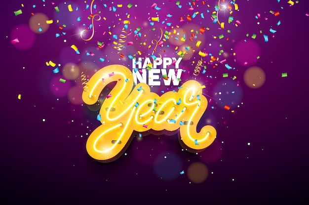 Illustrazione di felice anno nuovo 2022 con scritte luminose al neon e coriandoli colorati che cadono