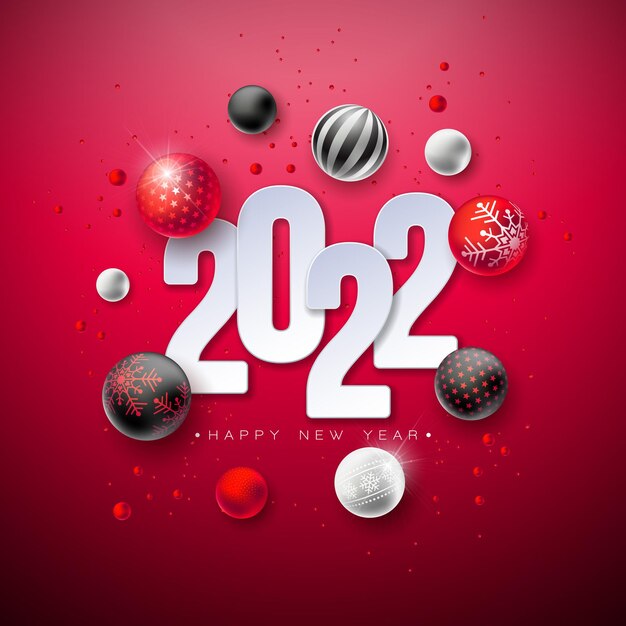 2022 Happy New Year Illustration with Number and Christmas Ornament Glass Ball on Red Background