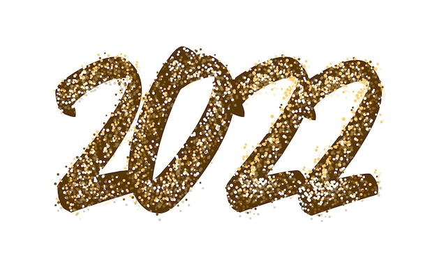 2022 happy new year lettering. text golden with bright sparkles. handwritten text lettering in paint and color gold. festive design template, greeting card, poster, banner. vector illustration