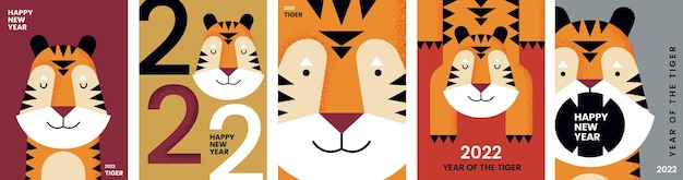 2022. happy year of the tiger. set of vector  illustrations for poster, banner, postcard or cover.