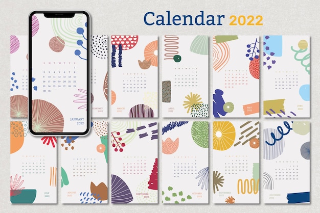 Modello di calendario mensile 2022, set vettoriale di sfondi floreali per iphone di memphis