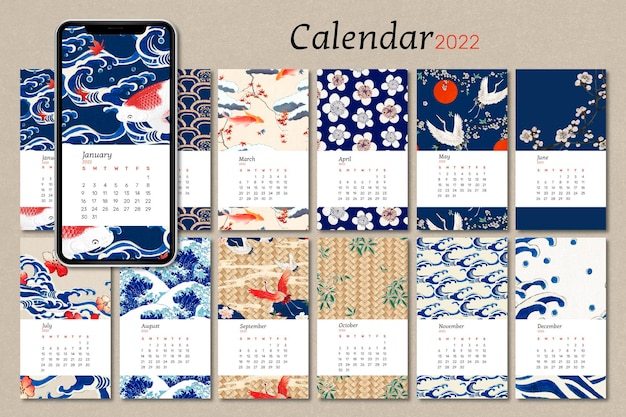 2022 monthly calendar template, vintage japanese pattern iphone wallpaper vector set. remix from vintage artwork by watanabe seitei.