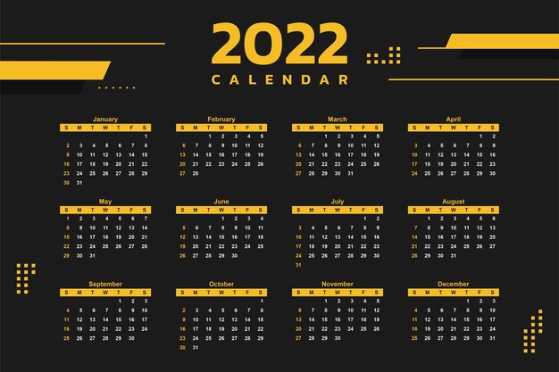 2022 new year calendar template with black background color and yellow simple shapes abstract design