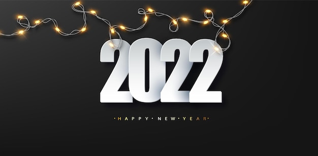 2022 new year luxury illustration on dark background with luminous led garland. happy new year greetings.