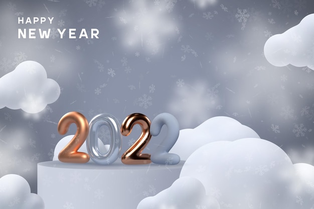 2022 new year sign. 3d metallic golden or copper with blue numbers standing on the podium in clouds and snowflakes. vector illustration. Free Vector