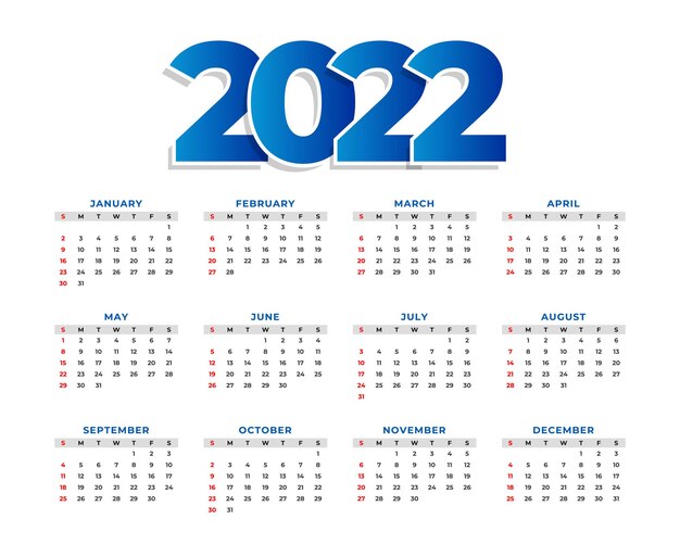 2022年新年のシンプルなカレンダーテンプレートデザイン