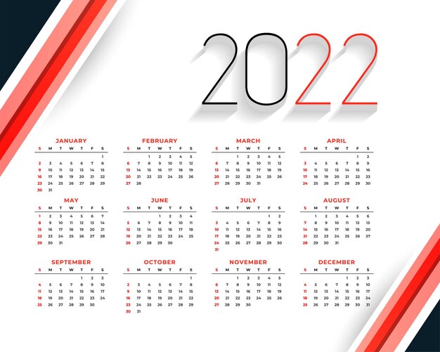 Free vector 2022 new year stylish red calendar design template