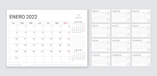 2022 planner. spanish calendar template. vector illustration. yearly grid of calender.