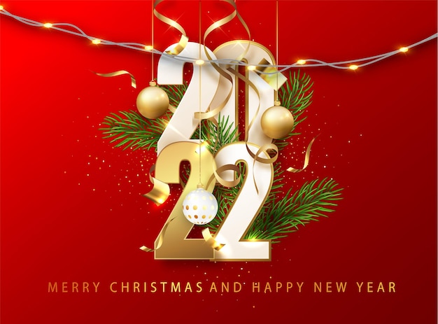 2022 red christmas, new year background . greeting card or poster with happy new year 2022 with gold glitter and shine. vector illustration for web