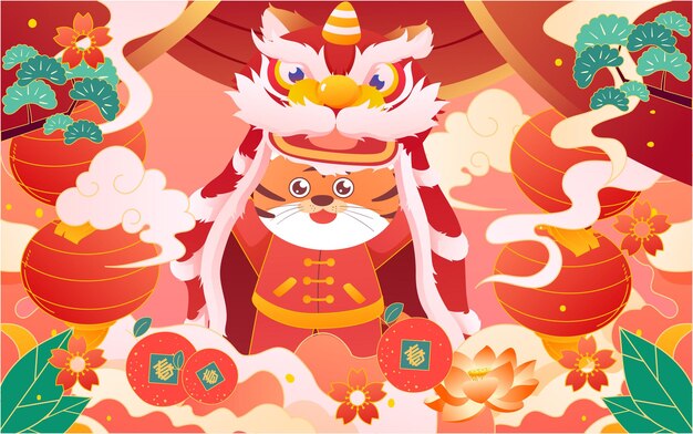 2022 spring festival lion dance illustration tiger year national tide festival event poster