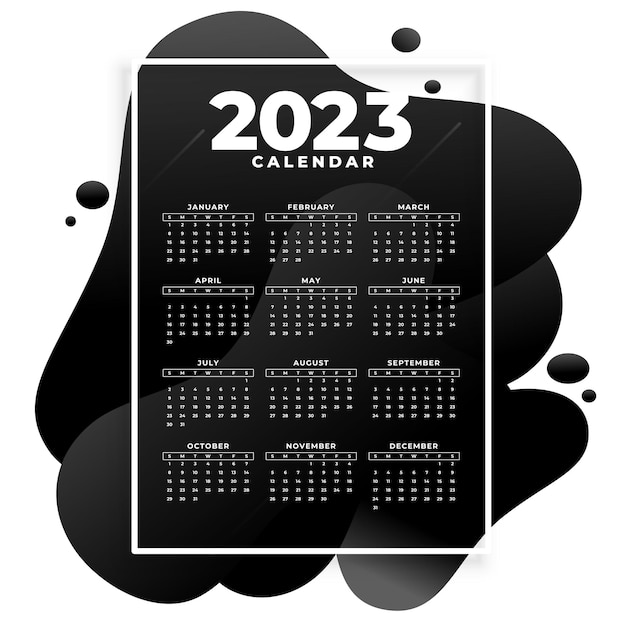 Free vector 2023 black calendar in fluid style template