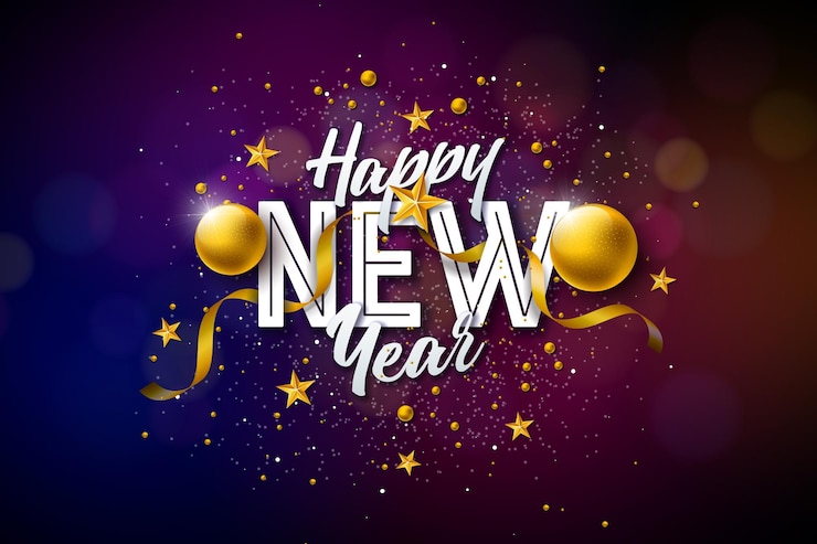 Free Vector 2023 happy new year design with typography lettering and gold christmas ball on shiny background