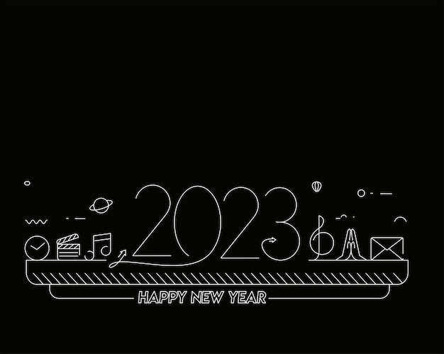 음악 아이콘이 있는 2023 새해 복 많이 받으세요 텍스트 디자인 패턴 벡터 일러스트 레이 션