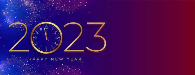 Banner del nuovo anno 2023 con fuochi d'artificio e design dell'orologio