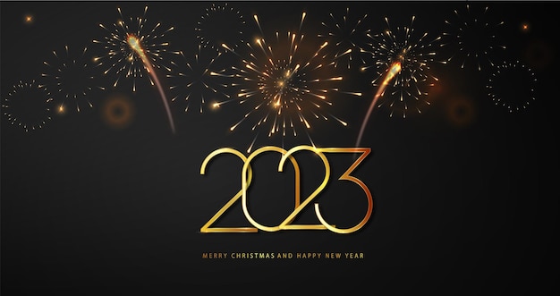 2023 new year fireworks and golden numbers on dark background celebration new year's eve golden fireworks on dark night sky