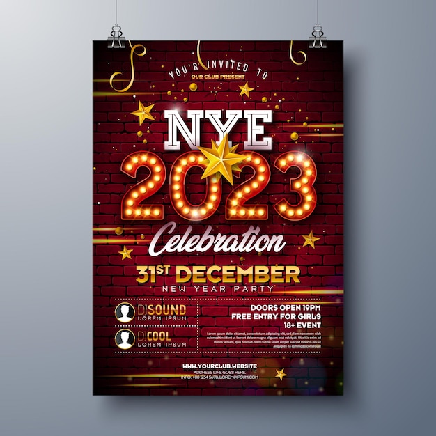 Дизайн плаката празднования нового года 2023 года с номером шатра лампочки и золотой звездой