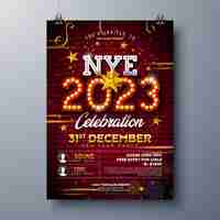 Free vector 2023 new year party celebration poster template design with lights bulb marquee number and gold star