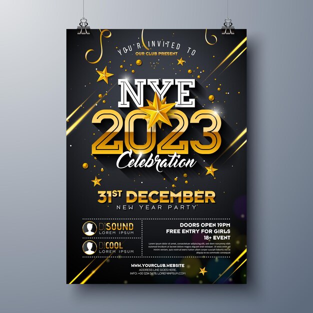 2023 新年パーティーお祝いポスター テンプレート デザイン黒の背景に光沢のあるゴールドの番号